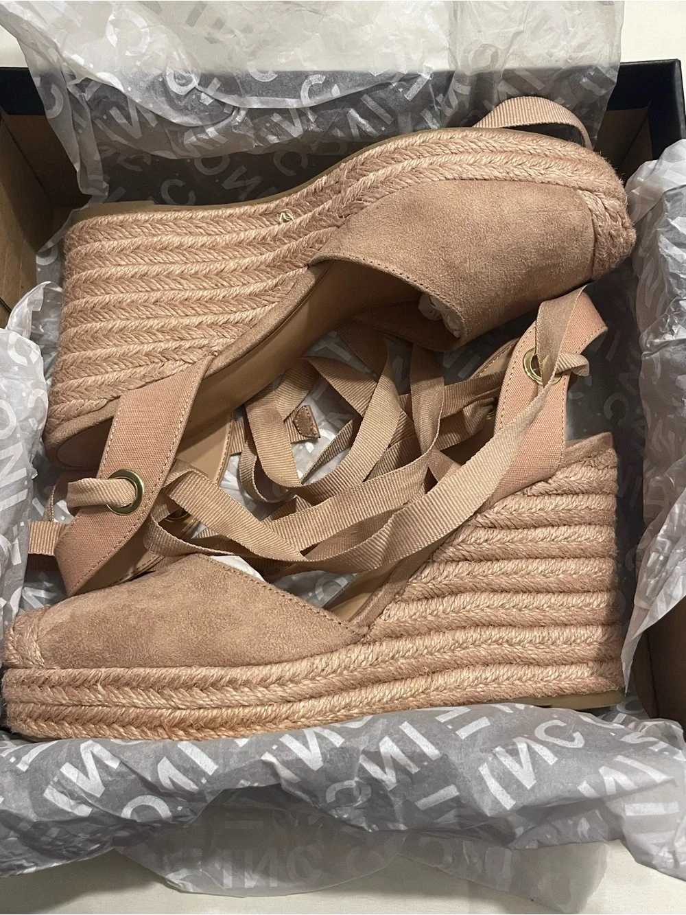 INC International Concepts Dusty Pink Espadrille Wedge Sandals with Ankle Wraps